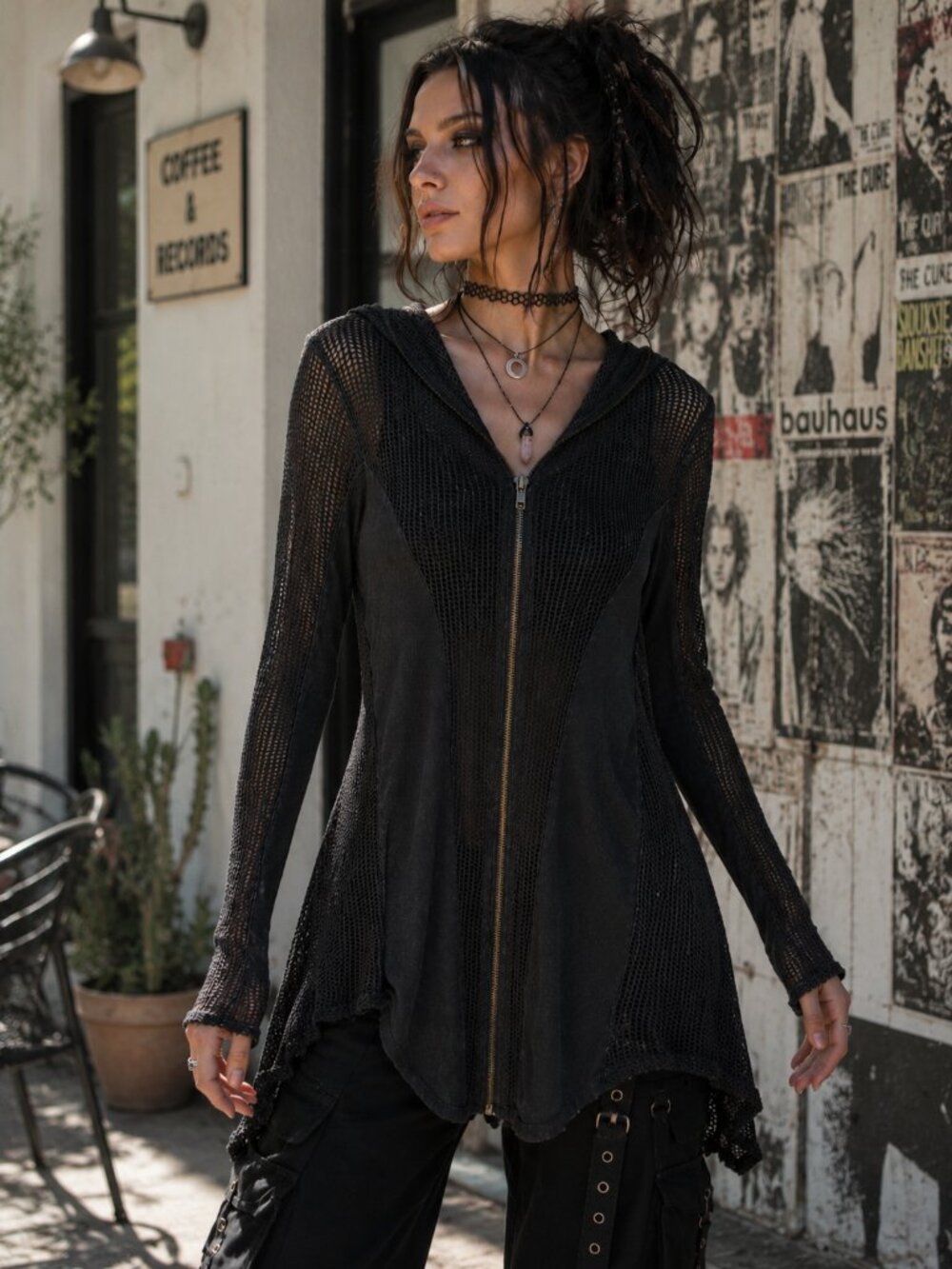 T Party Mesh Hooded Zip Jacket M Fairy Grunge Goth Festival Boho Made USA